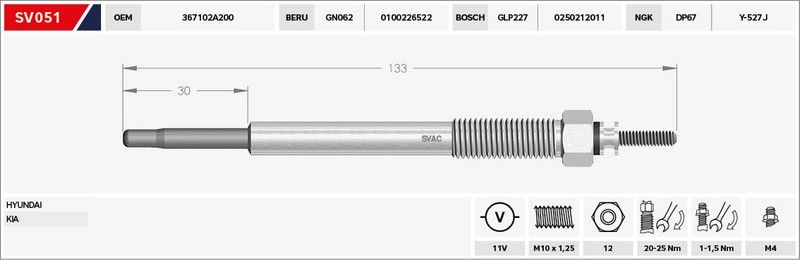KIZDIRMA BUJİSİ (ISITMA) ACCENT 06-11 ERA / GETZ 06-11 / I-10 / I-20 / I-30 / CERATO 06=> 11V.