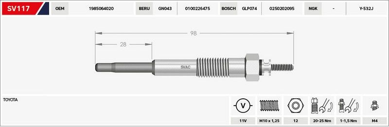 KIZDIRMA BUJİSİ (ISITMA) AVENSIS 2.0 TD / CAMRY 2.0 TD / COROLLA 1.8 D-2.0 D / LAND CRUISER 3.4 D-4.2 D-TD 11V