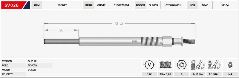 KIZDIRMA BUJİSİ (ISITMA)- MAZDA-3 / MAZDA-2 /  FOCUS/FIESTA/FUSION 1.4 - 1.6 TDCI/PEUGEOT 206/207/307 1.4 - 1.6 HDI 11V.