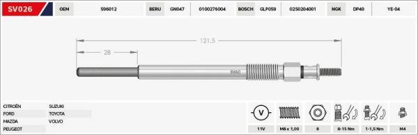 KIZDIRMA BUJİSİ (ISITMA)- MAZDA-3 / MAZDA-2 /  FOCUS/FIESTA/FUSION 1.4 - 1.6 TDCI/PEUGEOT 206/207/307 1.4 - 1.6 HDI 11V.